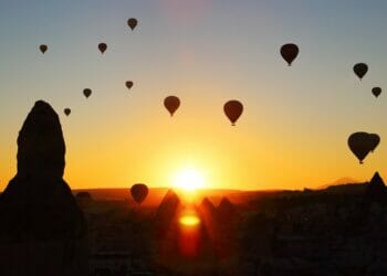 Hot air balloons at sunrise in Cappadocia Turkey