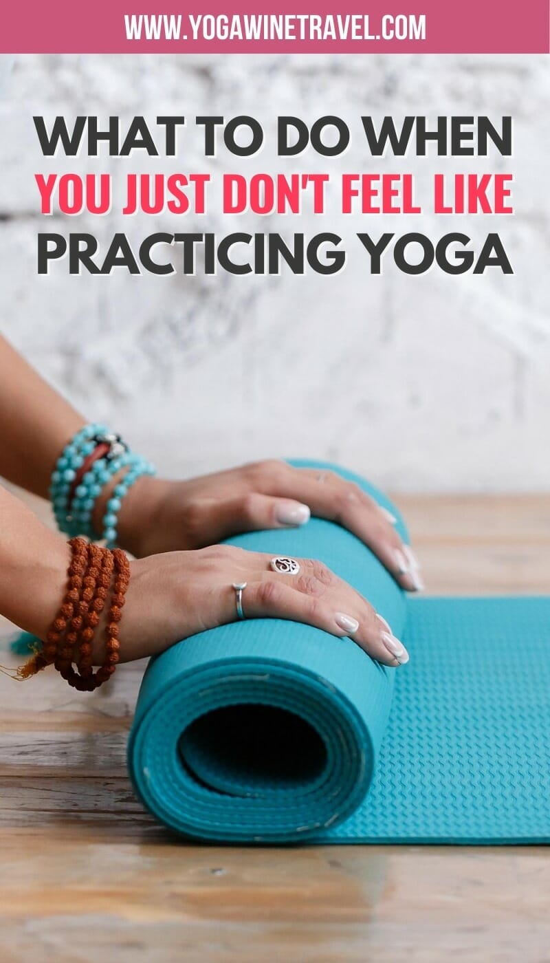 Close up of woman rolling up a Yoga mat with text overlay