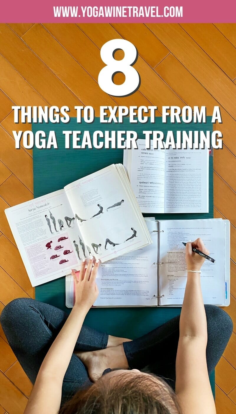Woman with yoga textbooks with text overlay