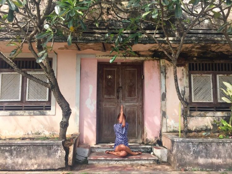 Cow faced pose with eagle arms in Galle Sri Lanka