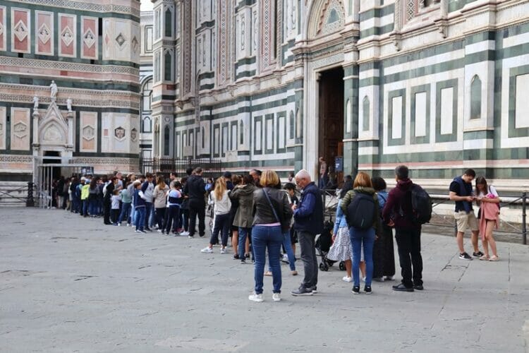 Line outside the bell tower in Florence Italy