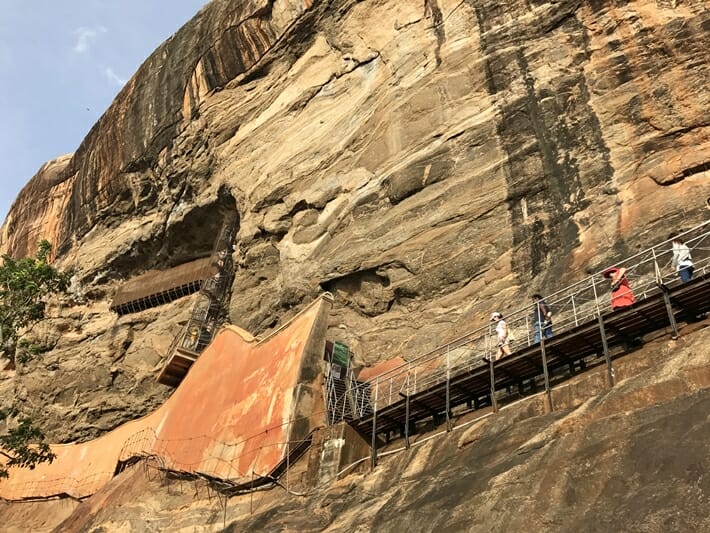Metal staircase mid-way up Sigiriya Rock in Sri Lanka