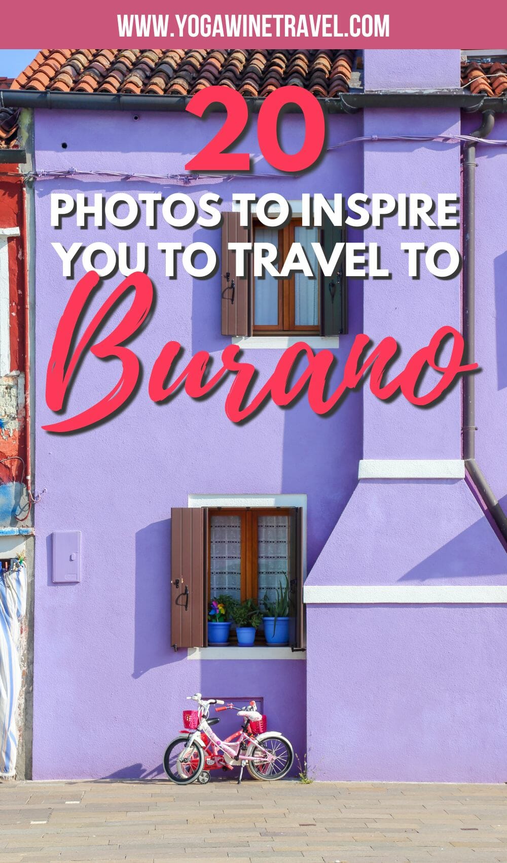 Purple house in Burano Italy with text overlay