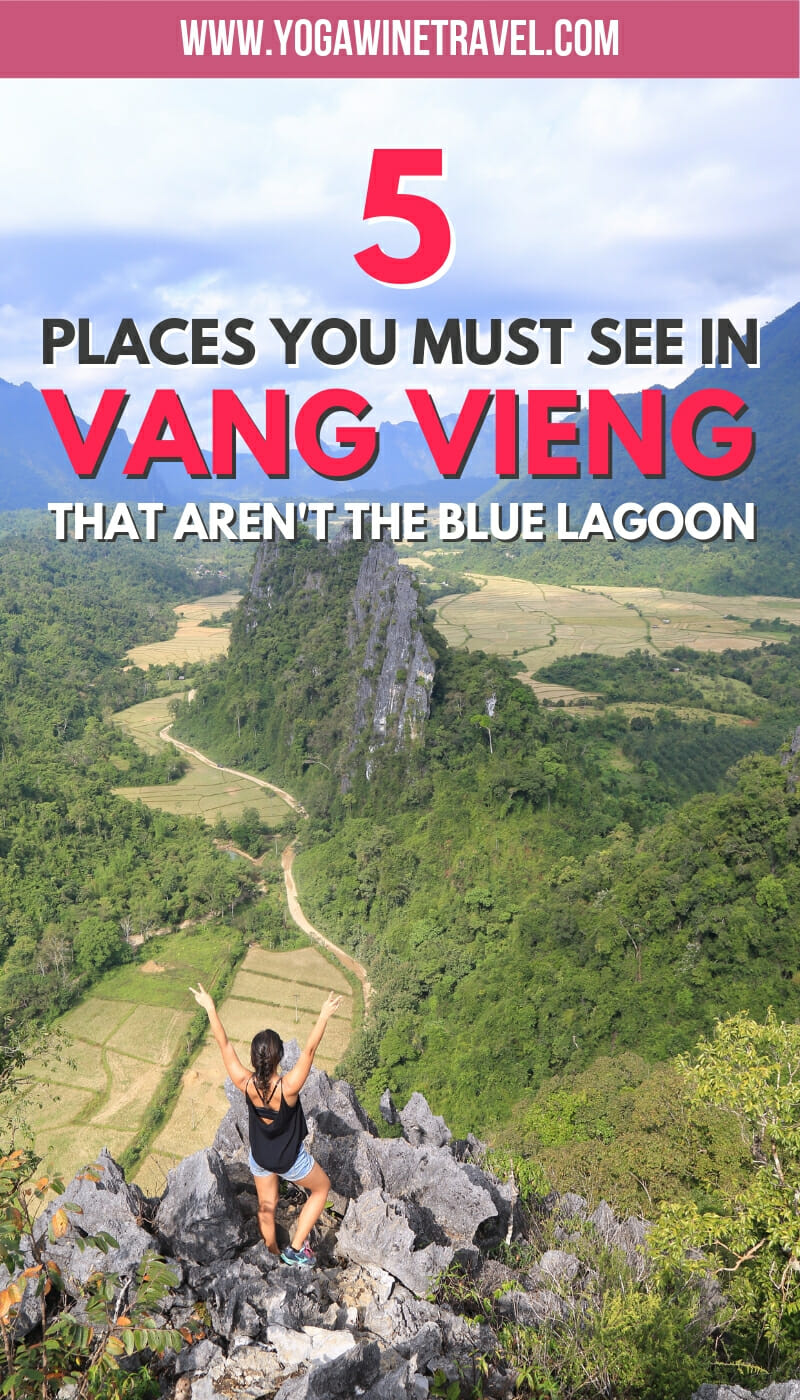 Woman at top of viewpoint in Vang Vieng Laos with text overlay