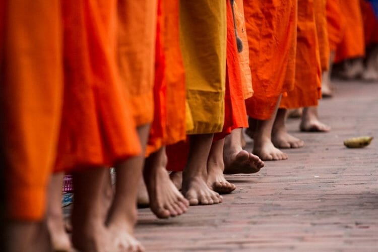 Monks walking barefoot for alms giving in Luang Prabang