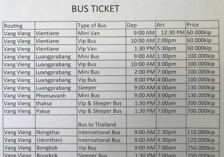 Vang Vieng bus ticket prices