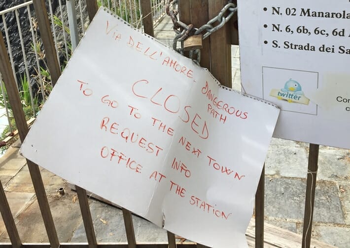 Via Dell'Amore closure notice in Cinque Terre Italy