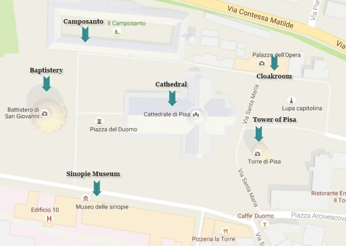 Anotuotas Duomo komplekso žemėlapis Pizoje, Italijoje