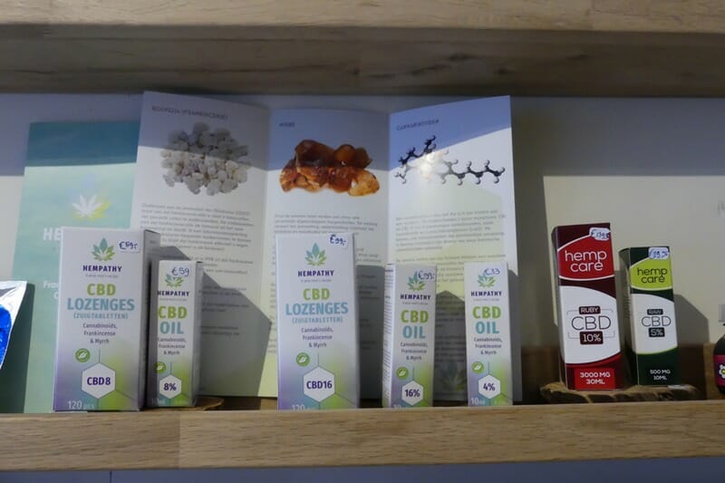 CBD oil and lozenges with frankincense and myrrh made from hemp products in a legal dutch smart shop dispensery