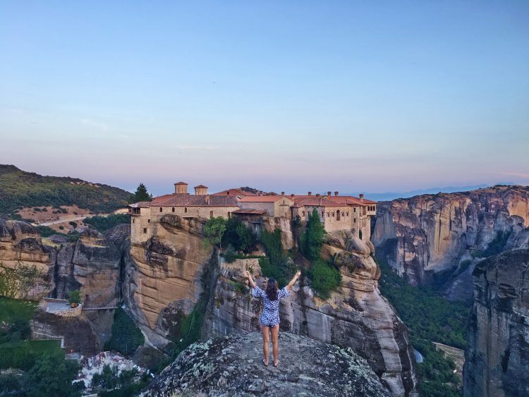 Monastery and woman in Meteora Greece