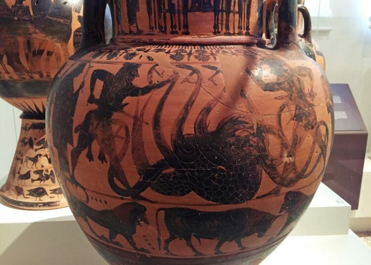 Greek pottery featuring the Hydra of Lerna in the Athens Archaeological Museum