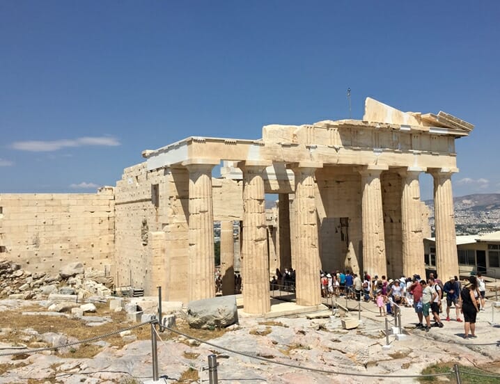 Propylaea of the Acropolis of Athens in Greece with tourists