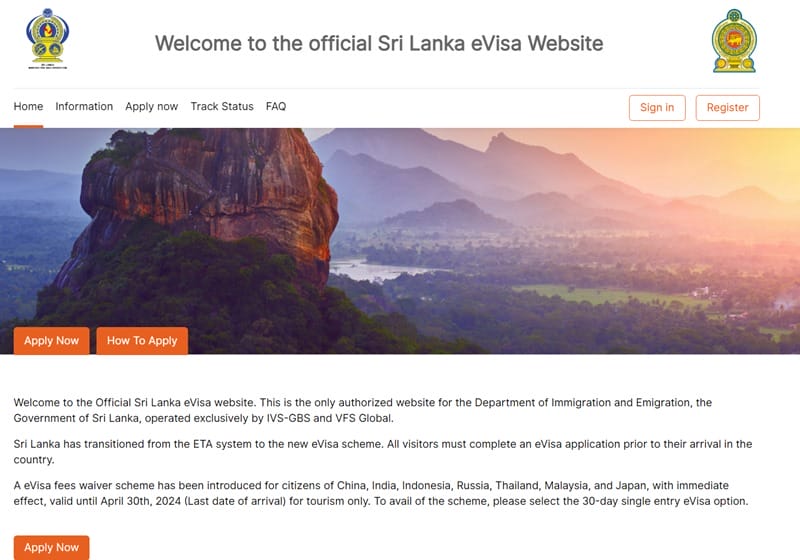 New Sri Lanka e-visa portal screenshot
