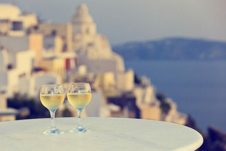 Wwo wine glasses in Santorini, Greece