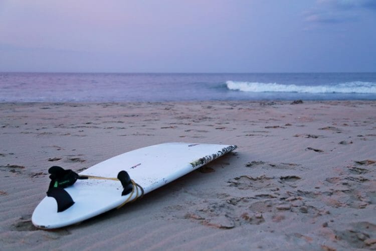 Surfboard on a beach in Arugam Bay Sri Lanka