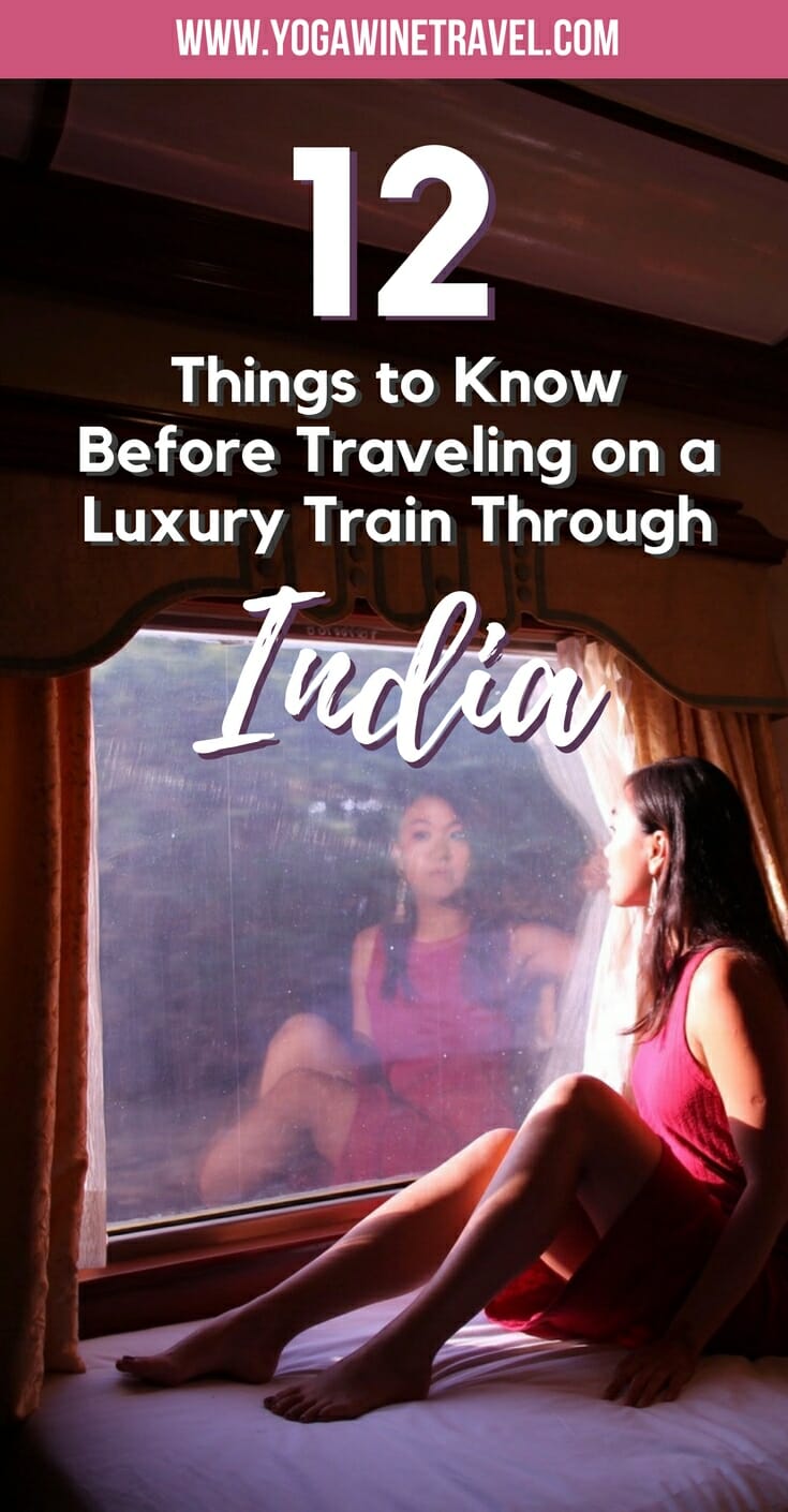 Woman sitting on bed in carriage of luxury India train with text overlay