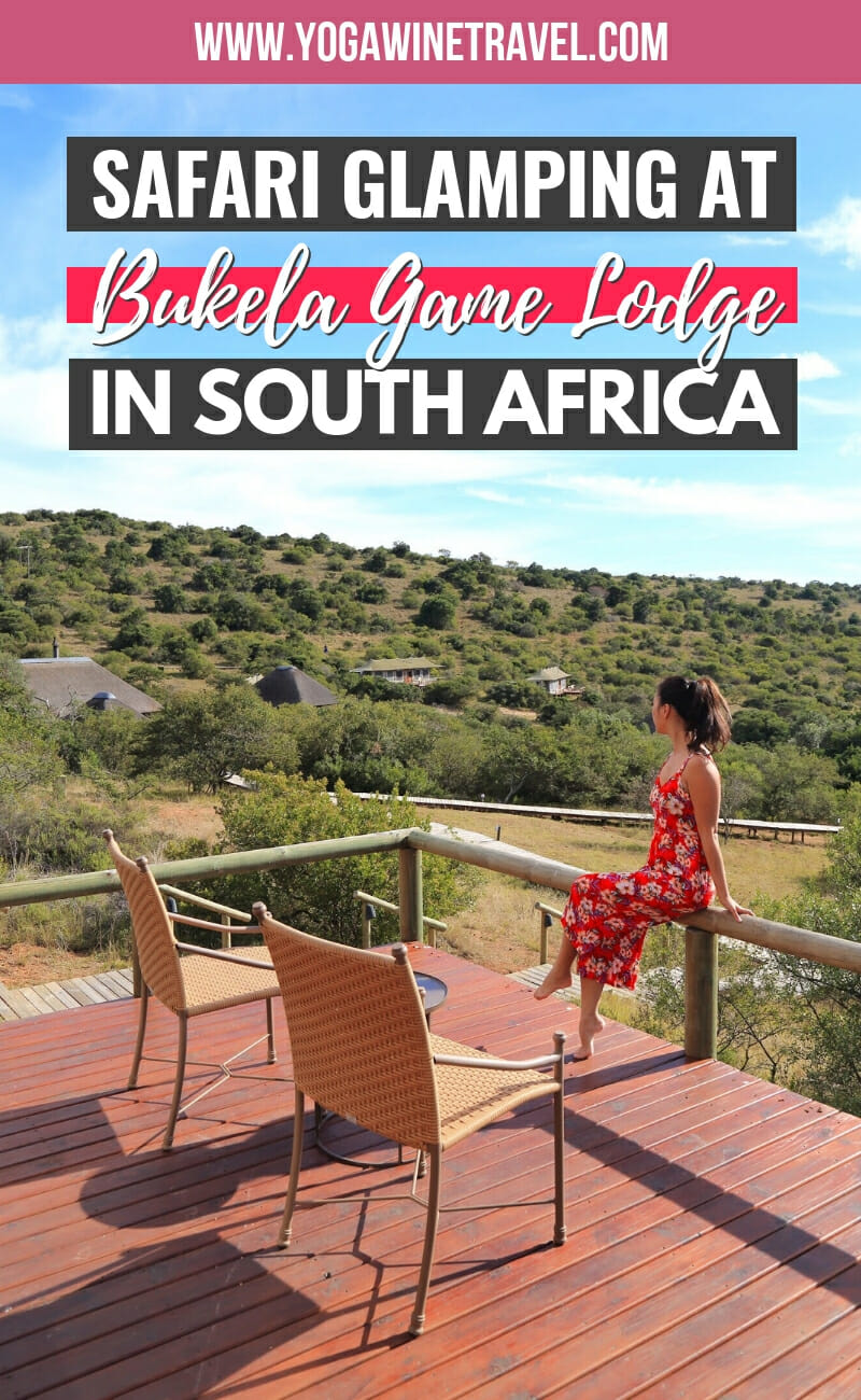 Woman sitting on deck at safari camp in South Africa with text overlay