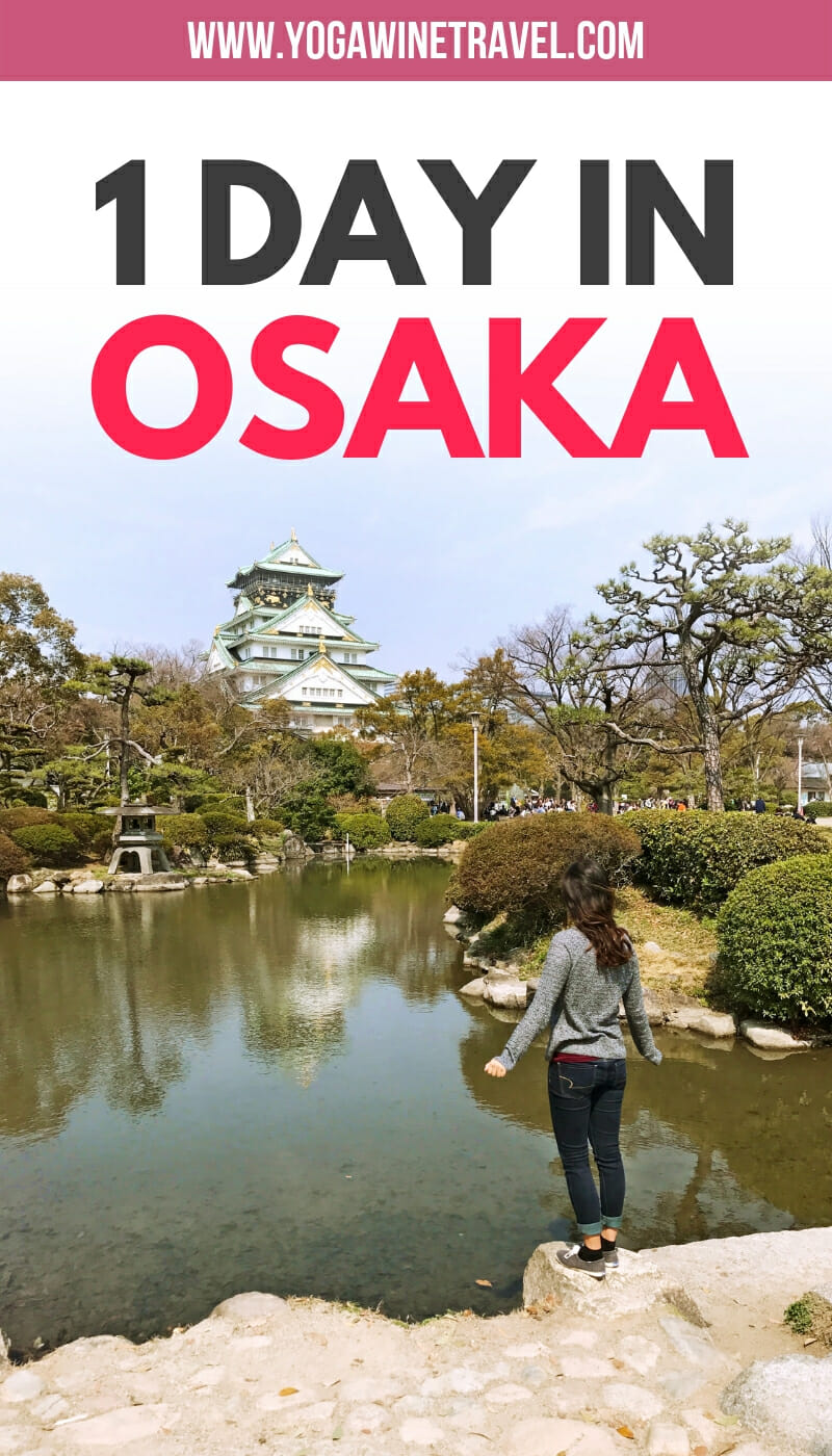 Woman standing in front of Osaka Castle in Japan with text overlay