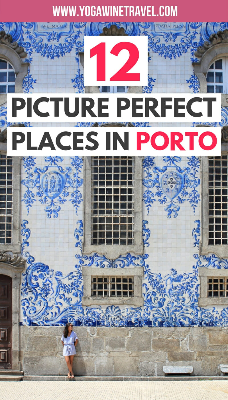 Azulejo tiles in Porto Portugal with text overlay