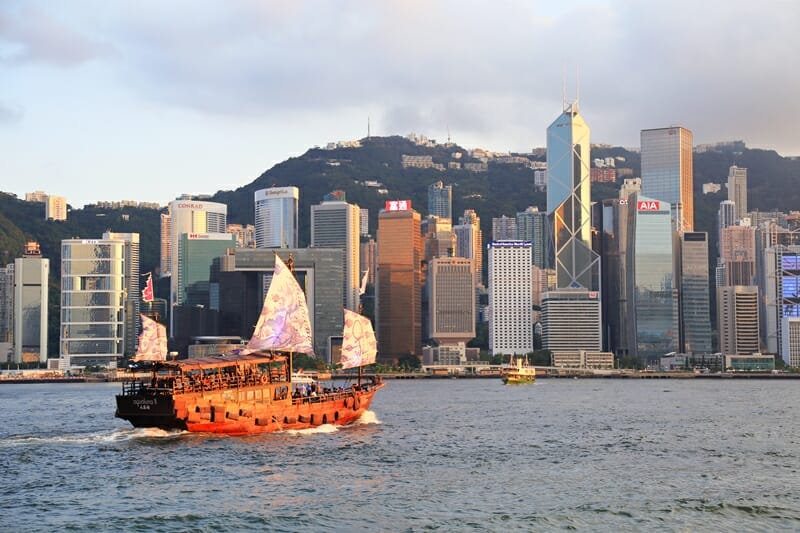 Traditional Chinese junk boat in Victoria Harbour Hong Kong