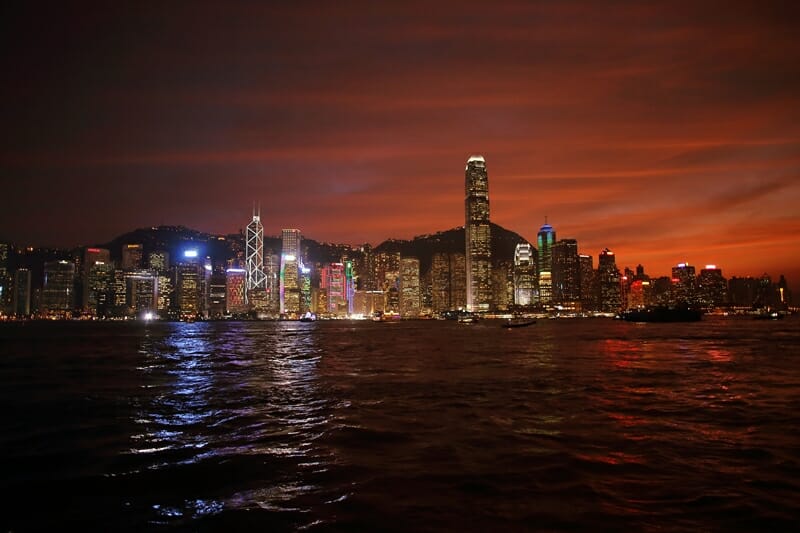 Victoria Harbour at sunset in Hong Kong