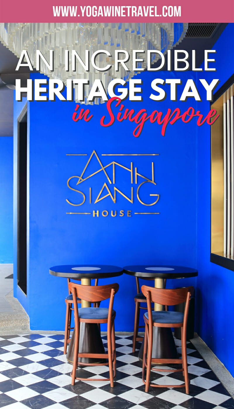 Blue walls of Ann Siang House in Singapore with text overlay