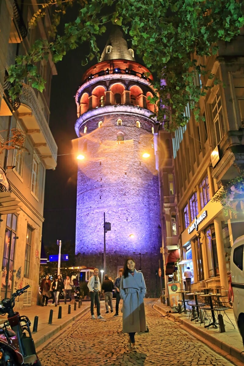 Galata Tower at night in Istanbul Turkey