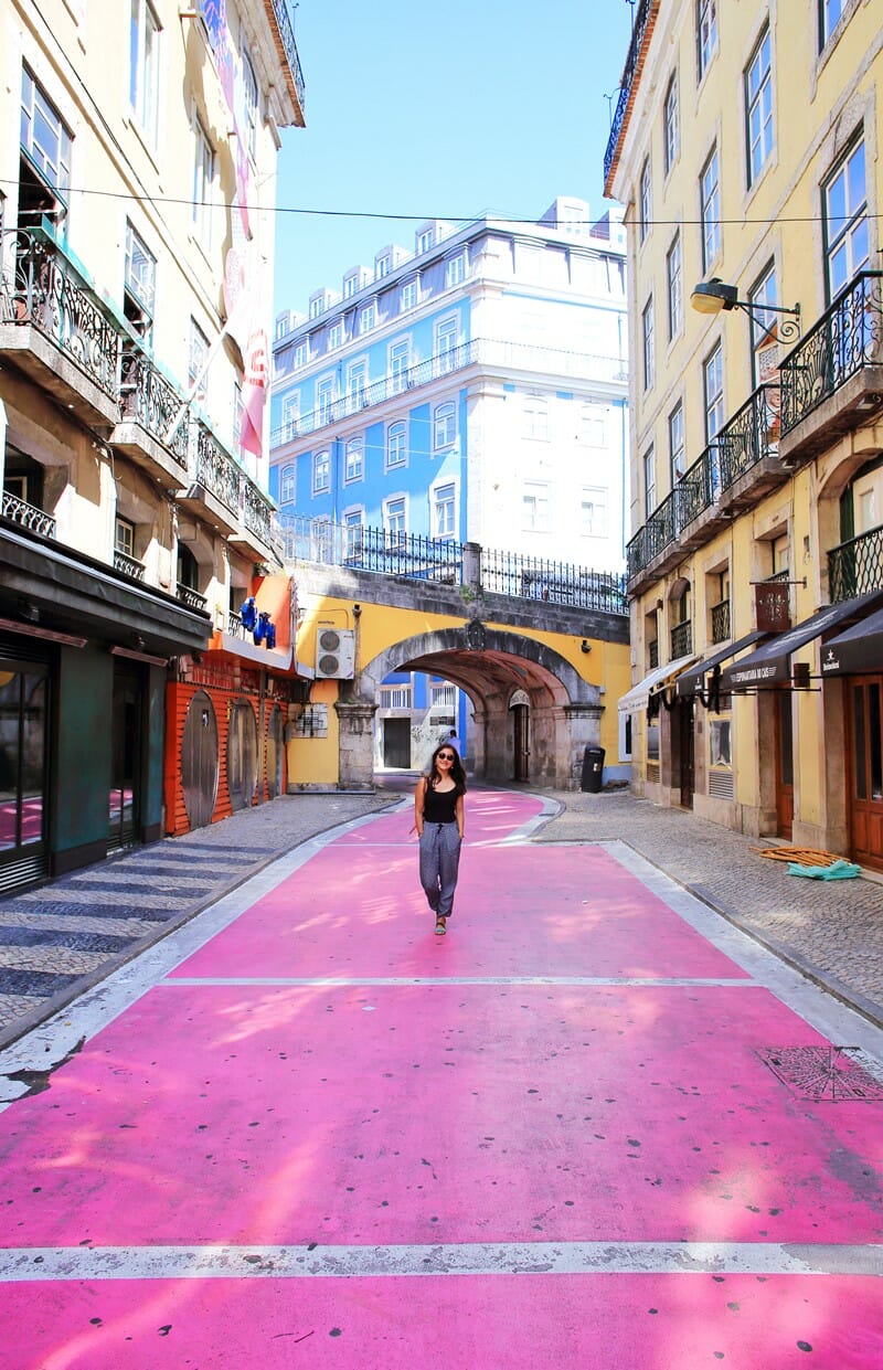 Pink street in Lisbon Portugal
