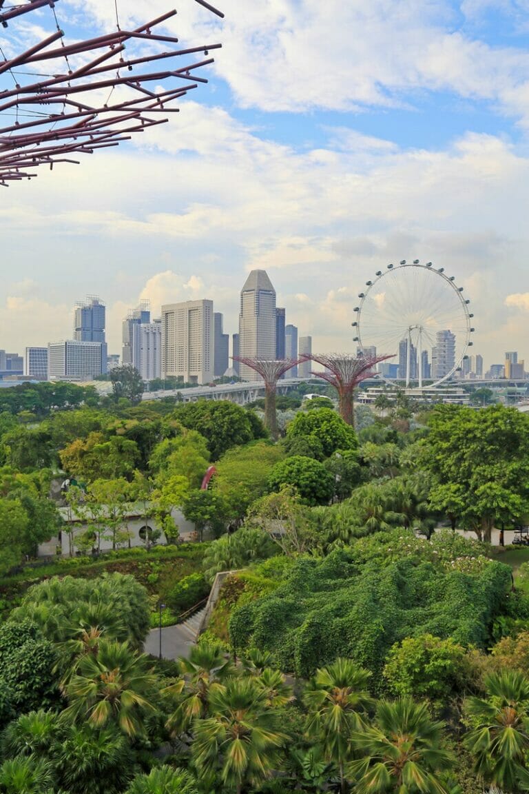 View of Singapore skyline from Supertree Grove at Gardens by the Bay Singapore