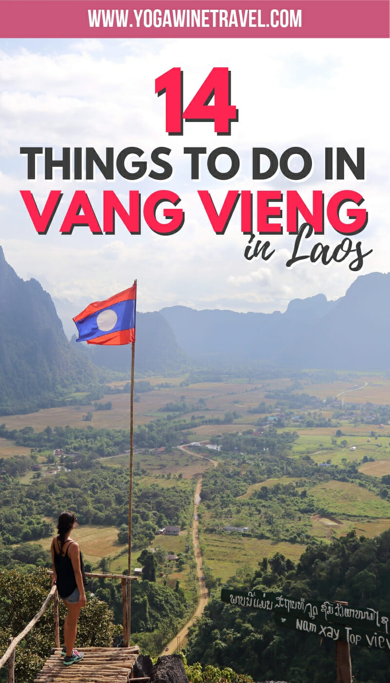 Woman on top of mountain in Vang Vieng Laos with text overlay