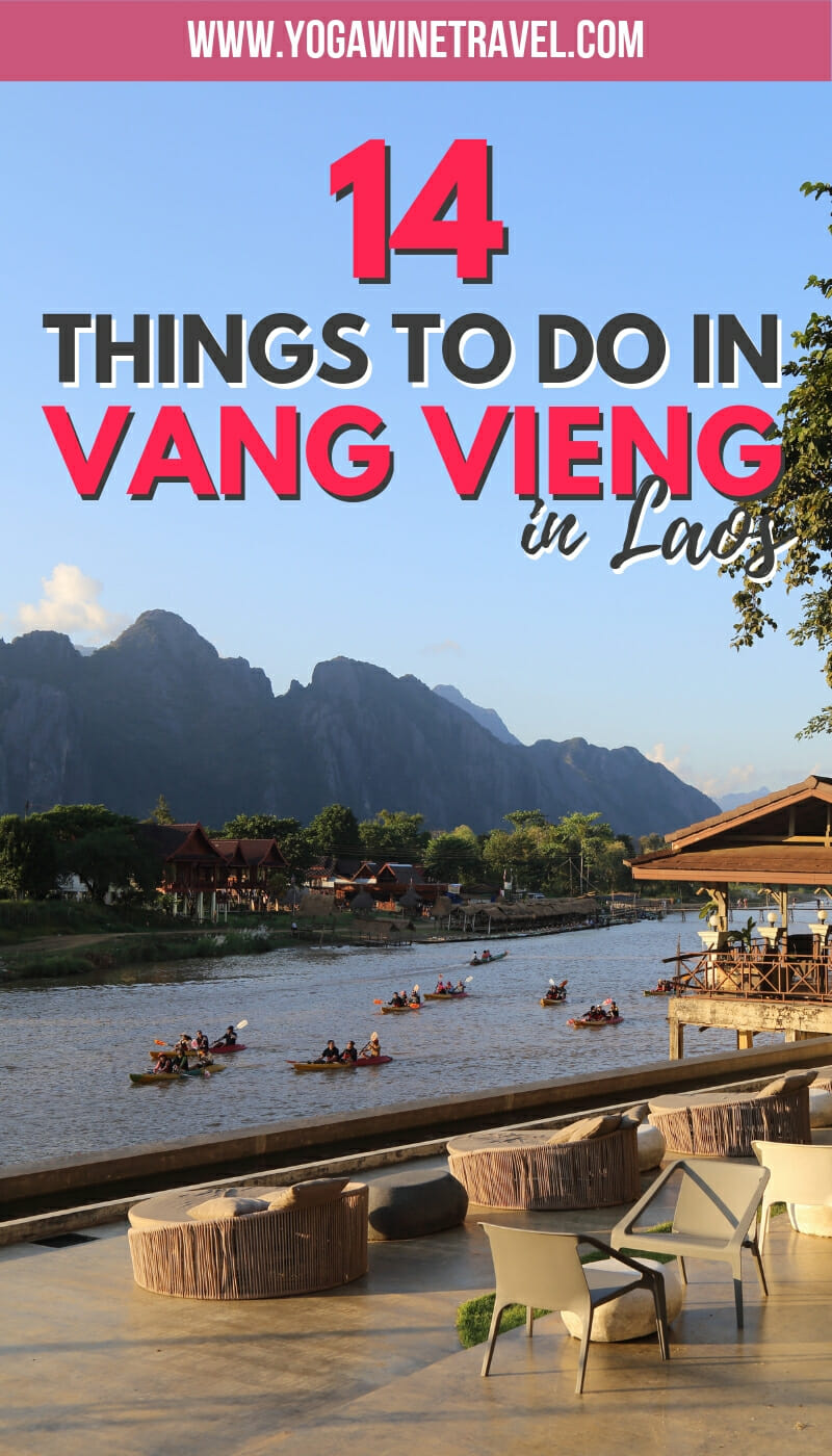 Kayaking in Vang Vieng Laos with text overlay