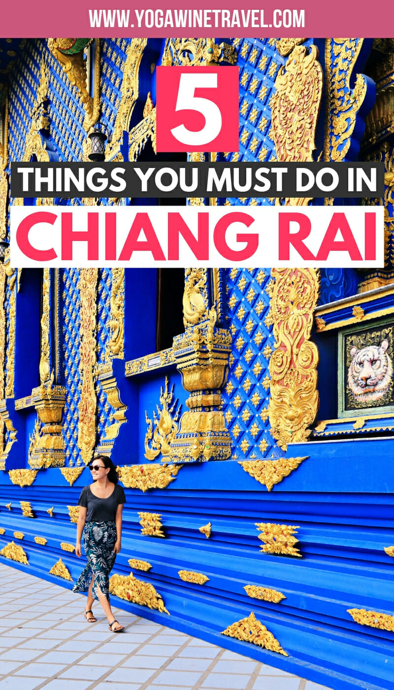 Woman in front of Blue Temple in Chiang Rai Thailand with text overlay