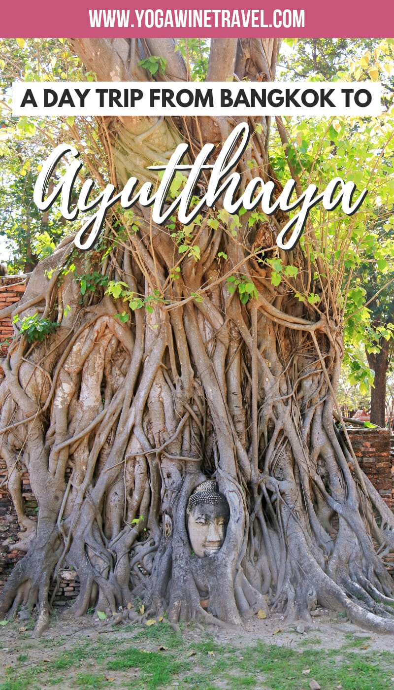 Ayutthaya Buddha head in tree roots with text overlay
