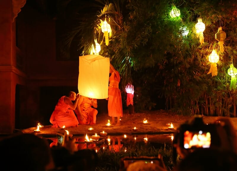 Monks at Wat Phantao in Chiang Mai Thailand during Yi Peng Lantern Festival