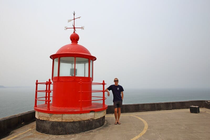 Red lighthouse in Nazare Portugal