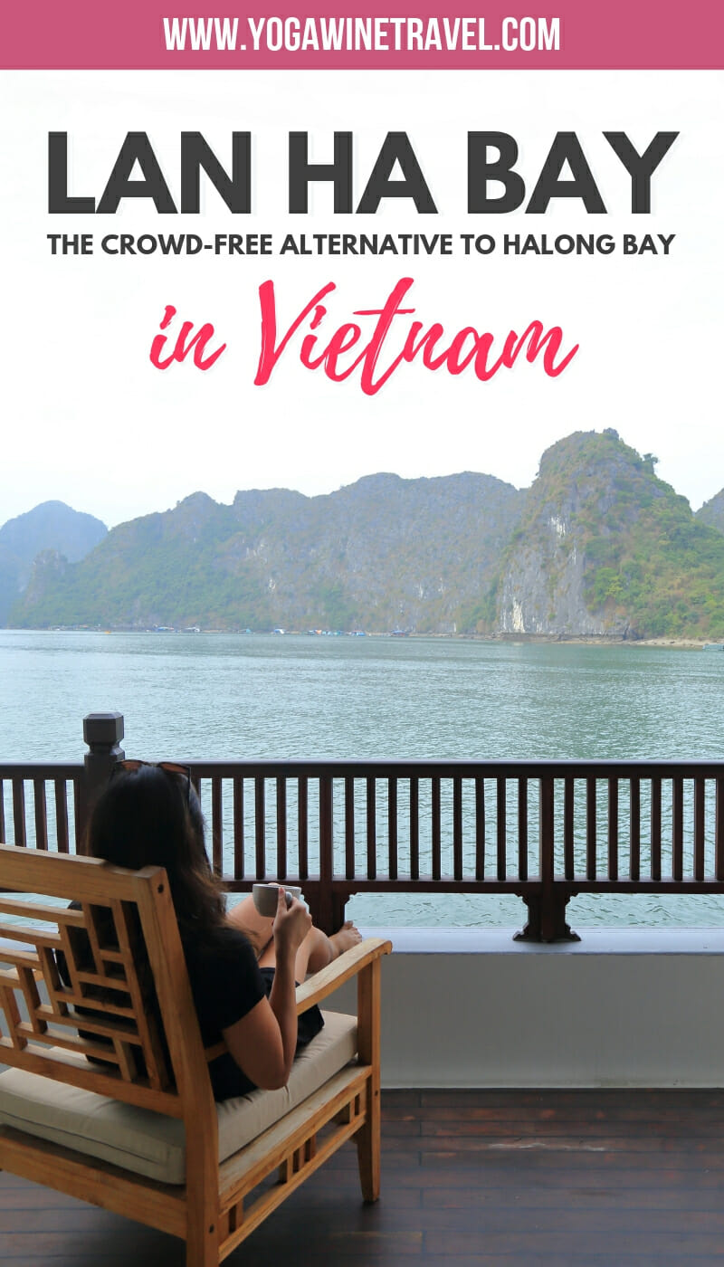 Woman sitting on balcony aboard cruise ship in Lan Ha Bay in Vietnam with text overlay
