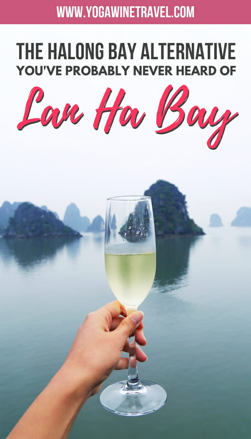 Champagne glass in front of karst mountains in Lan Ha Bay in Vietnam with text overlay