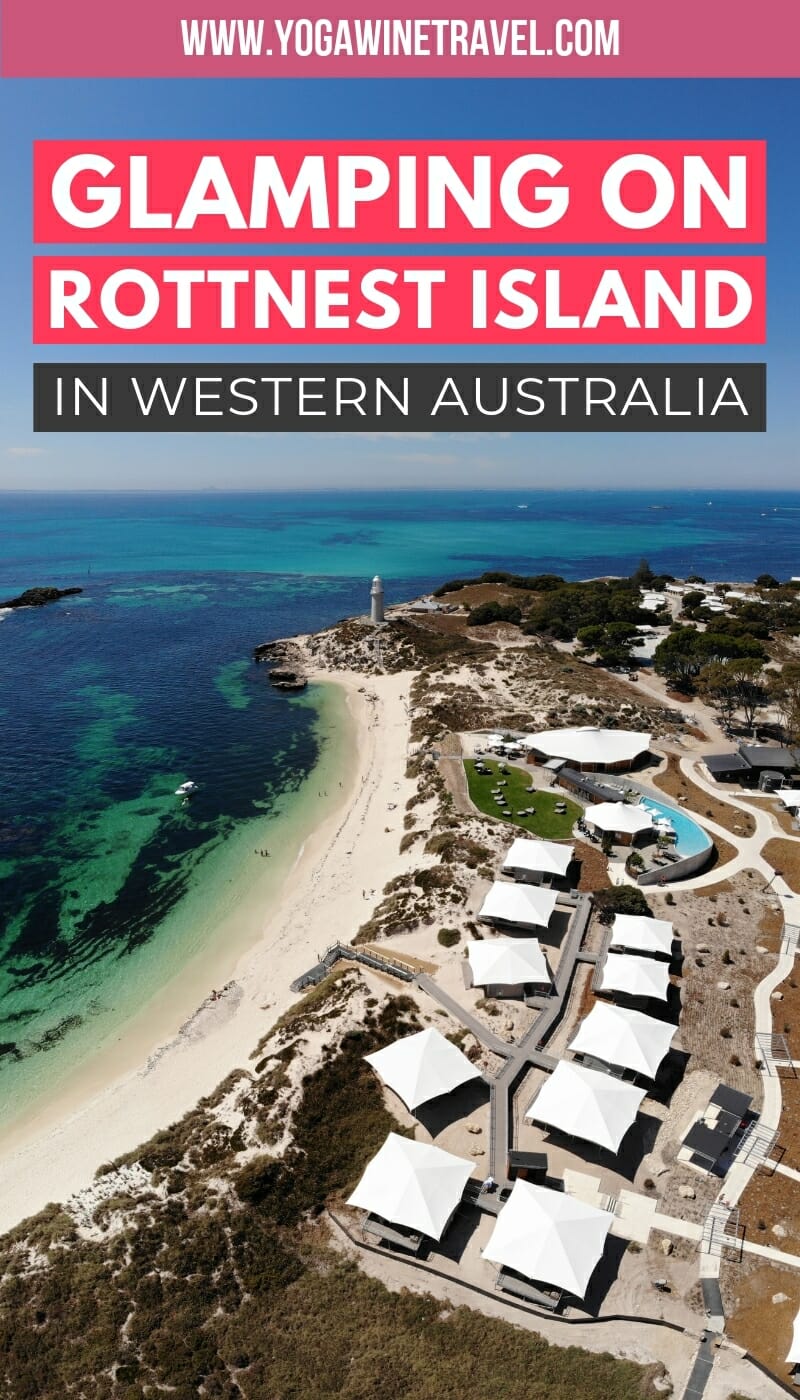 Drone photo of Rottnest Island glamping tents in Western Australia with text overlay 