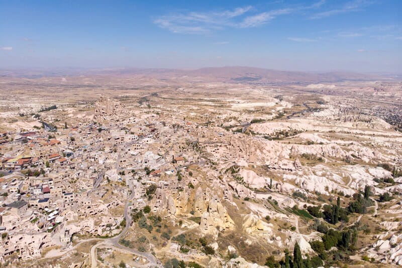 Drone photo of Uchisar town in Cappadocia Turkiye