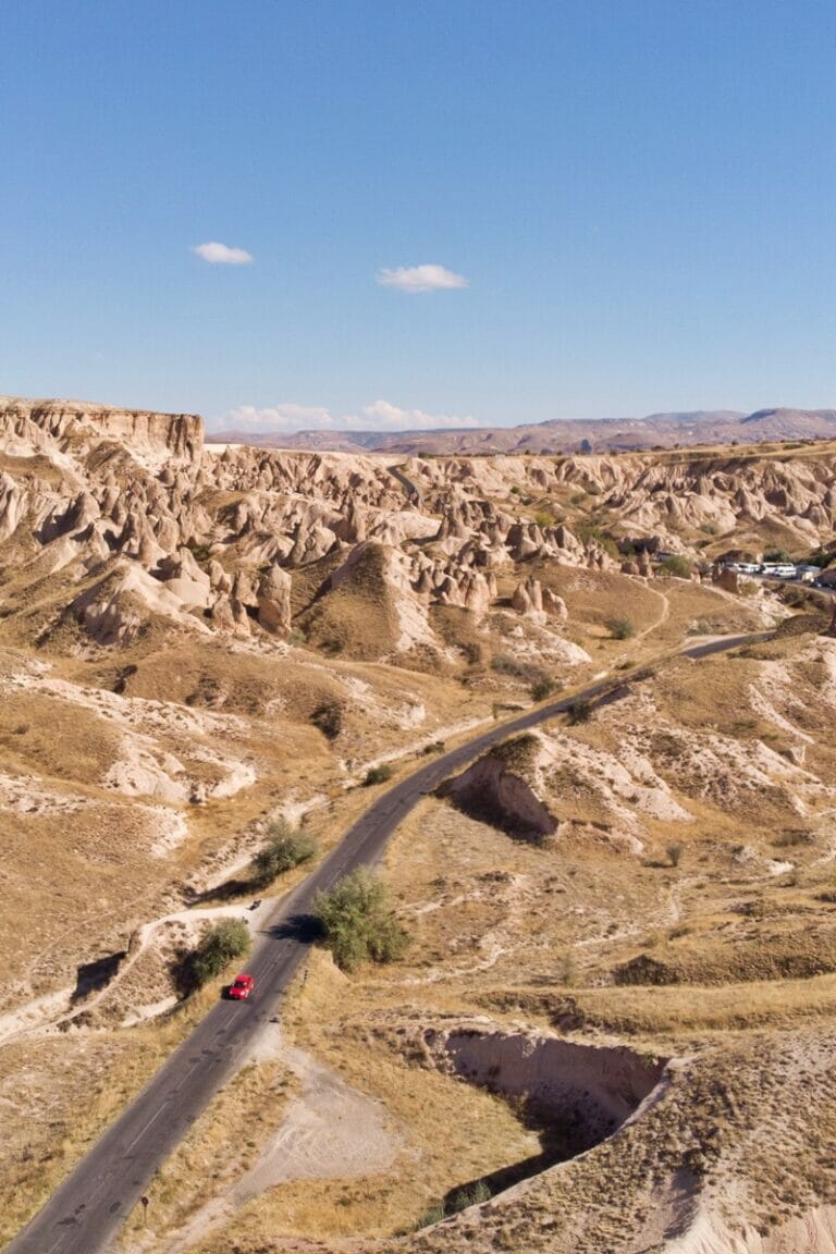 Drone photo of driving in Cappadocia Turkiye