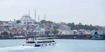 Ferry in the Bosphorus Strait in Istanbul Turkey