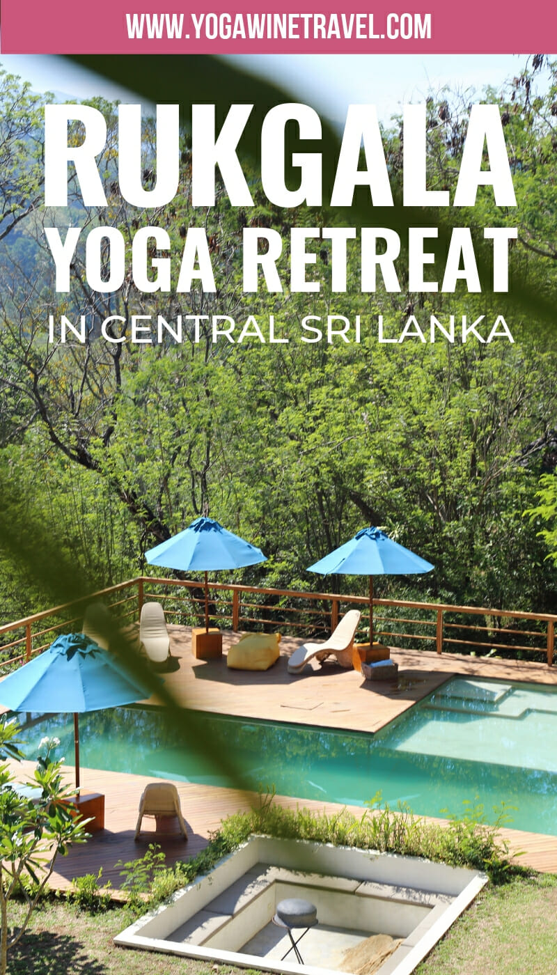 View of pool at yoga retreat in Sri Lanka with text overlay