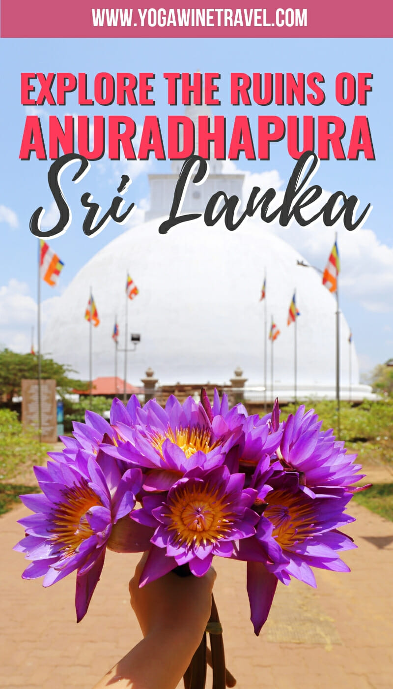 Water lilies and stupa in Anuradhapura in Sri Lanka with text overlay