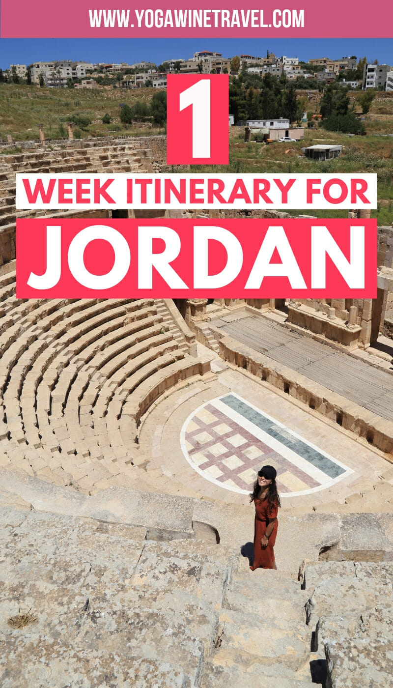 Woman at a Roman theatre in Jerash Jordan with text overlay