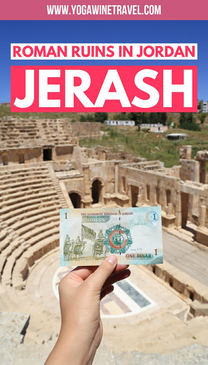 Jordanian Dinar note with theatre in Jerash in the background and text overlay