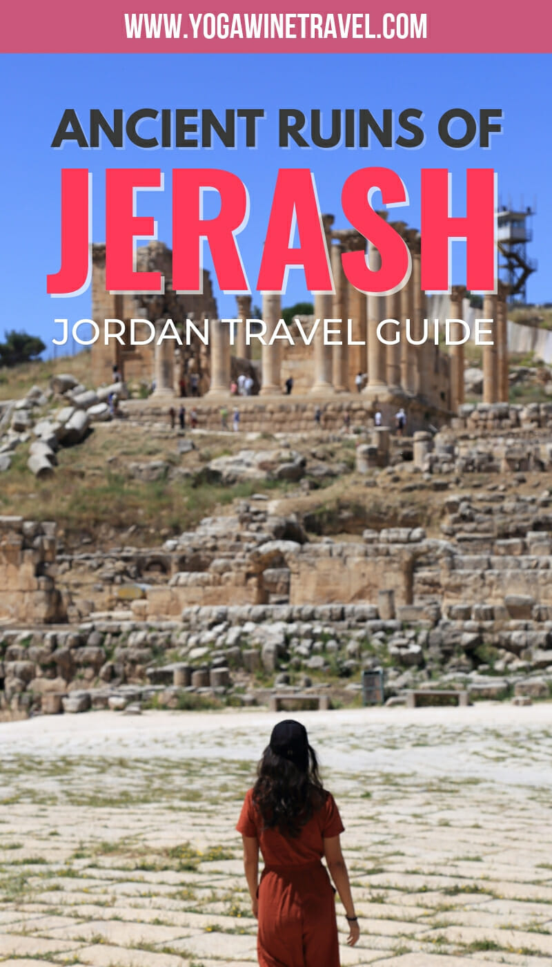 Woman walking in Jerash Jordan with text overlay
