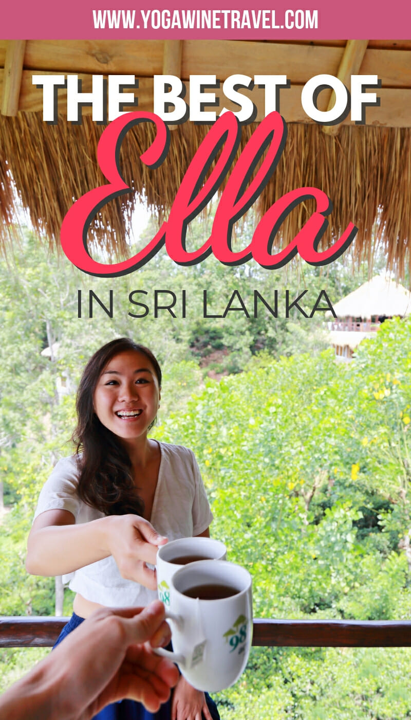 Woman with cup of tea in Ella Sri Lanka with text overlay