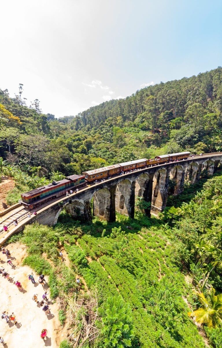 Train on the Nine Arches Bridge in Ella Sri Lanka drone photo