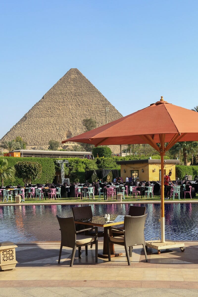 View of the pyramids from Marriott Mena House restaurant in Cairo Egypt