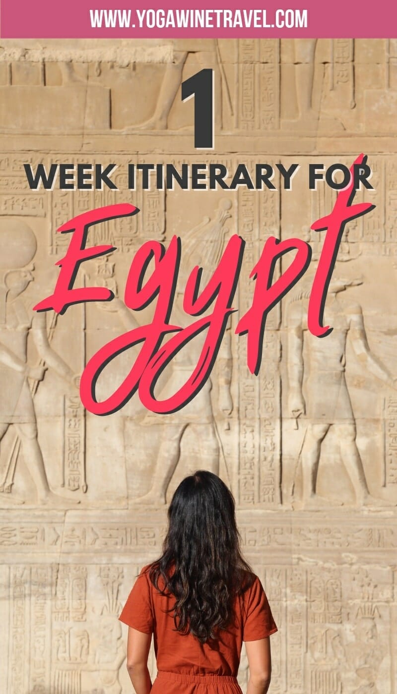 Woman in front of Egyptian relief hieroglyphics with text overlay
